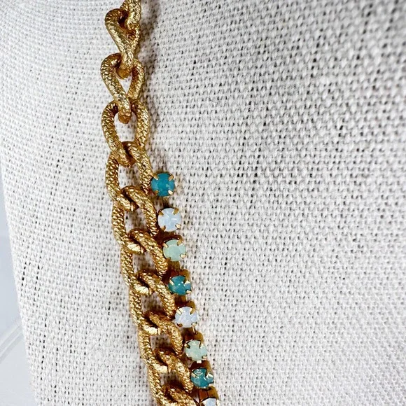Spartina 449 Gold Tone Chain Necklace Turquoise Uranium Glass Beads Signed 18